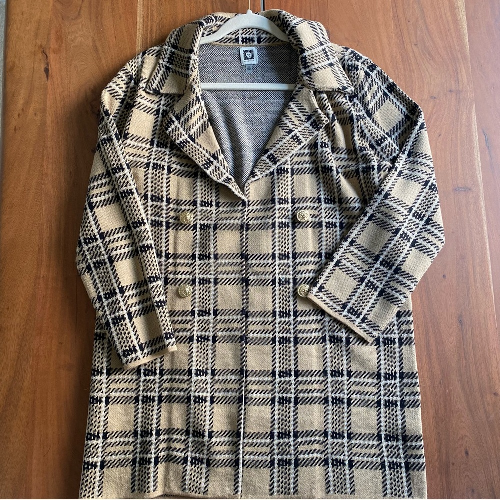 NEW Anne Klein Womens Coat Beige Plaid Gold Button Preppy Old Money Chic Size S